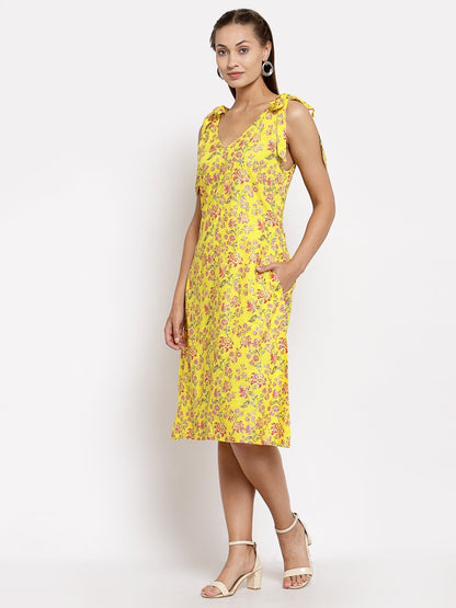 Women Yellow Cotton Printed Dress by Myshka (