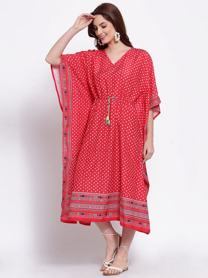 Women's Red Printed Cotton Blend 3/4 Sleeve V Neck Casual Dress