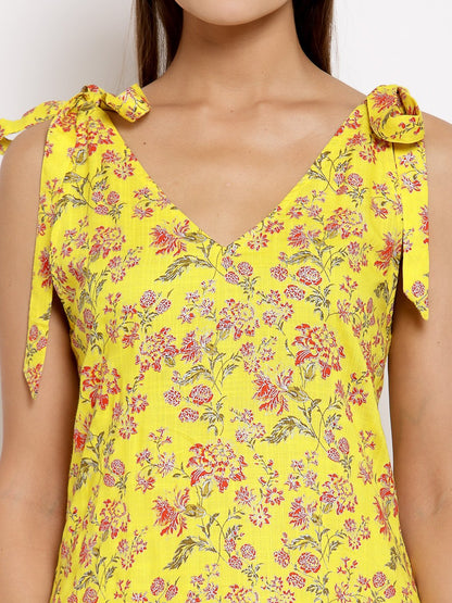 Women Yellow Cotton Printed Dress by Myshka (