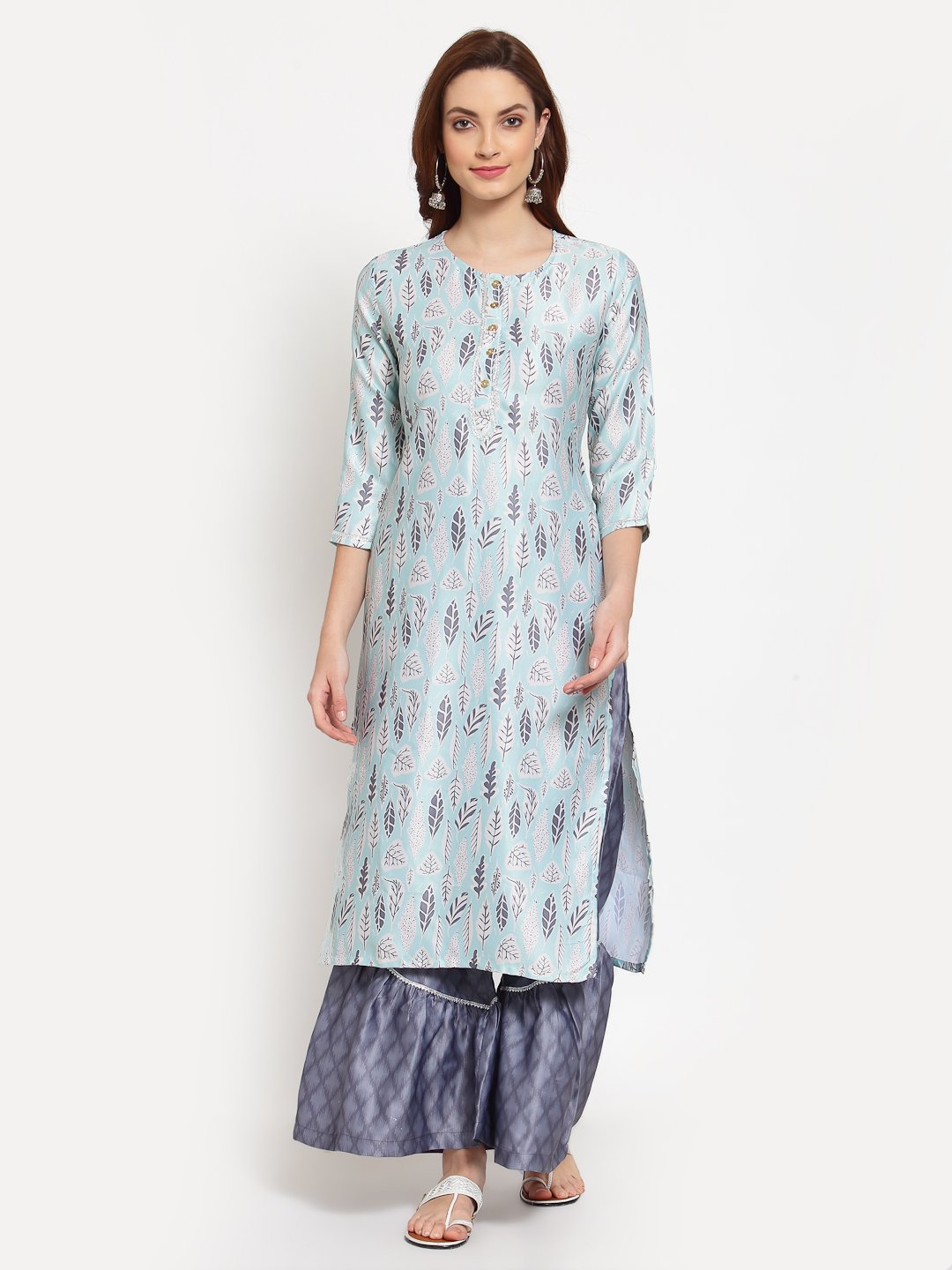 Women's Multi Printed Cotton Blend 3/4 Sleeve Round Neck Casual Kurta Palazzo Dupatta Set