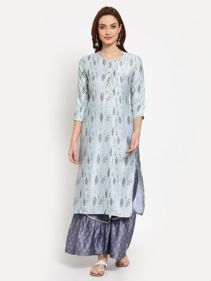 Women's Multi Printed Cotton Blend 3/4 Sleeve Round Neck Casual Kurta Palazzo Dupatta Set