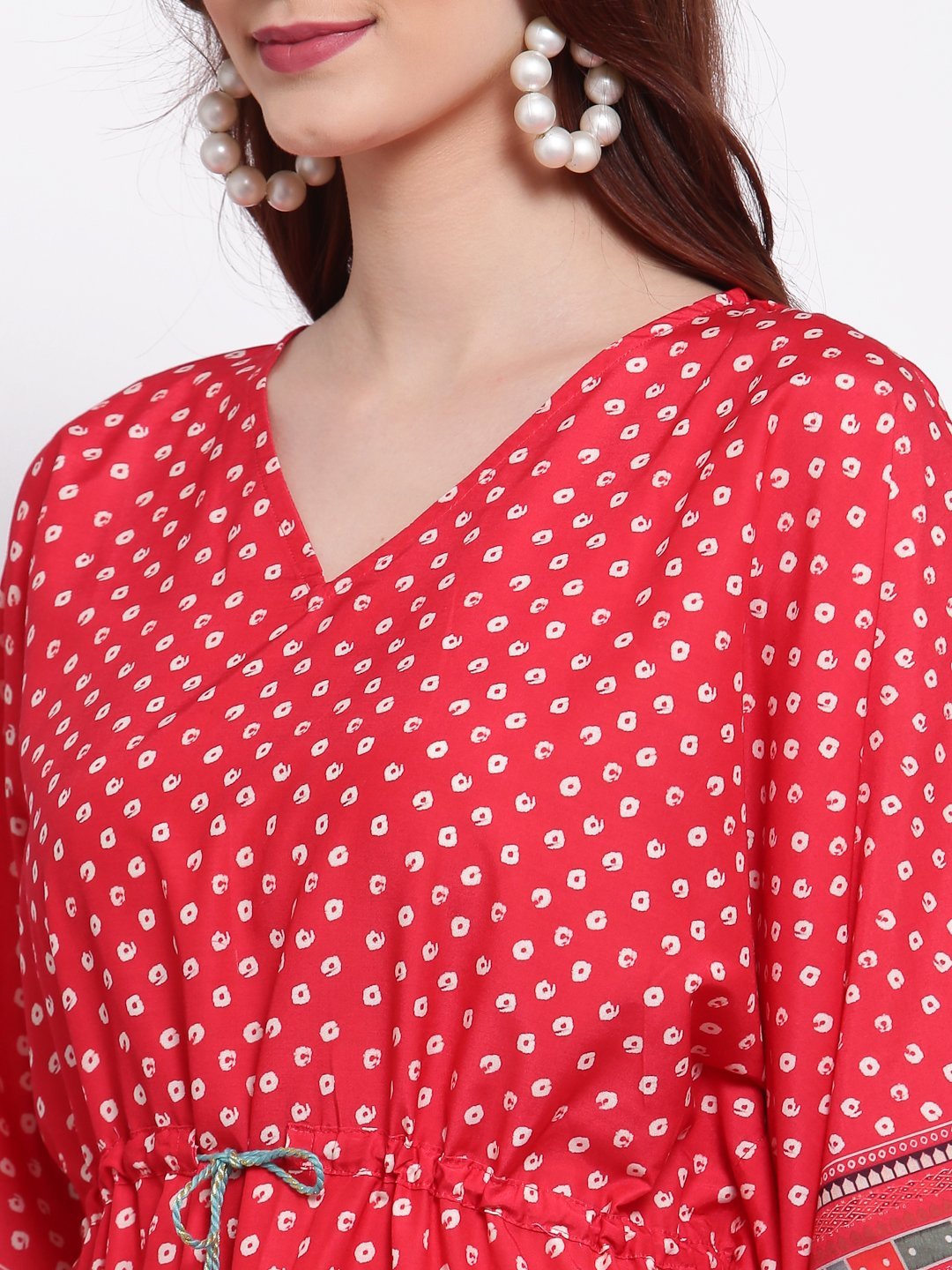 Women's Red Printed Cotton Blend 3/4 Sleeve V Neck Casual Dress