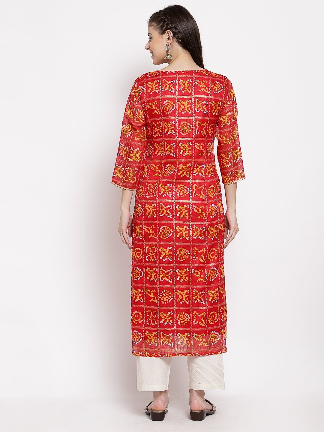 Women's Red Cotton Printed 3/4 Sleeve Square Neck Casual Kurta