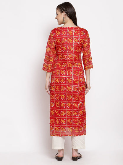 Women's Red Cotton Printed 3/4 Sleeve Square Neck Casual Kurta