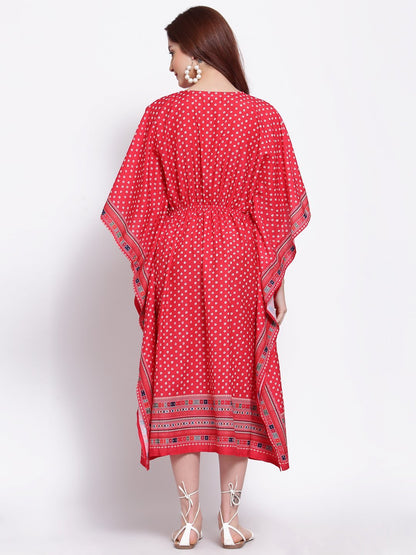 Women's Red Printed Cotton Blend 3/4 Sleeve V Neck Casual Dress
