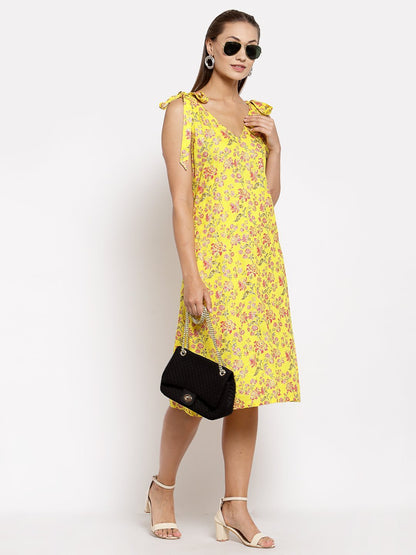 Women Yellow Cotton Printed Dress by Myshka (