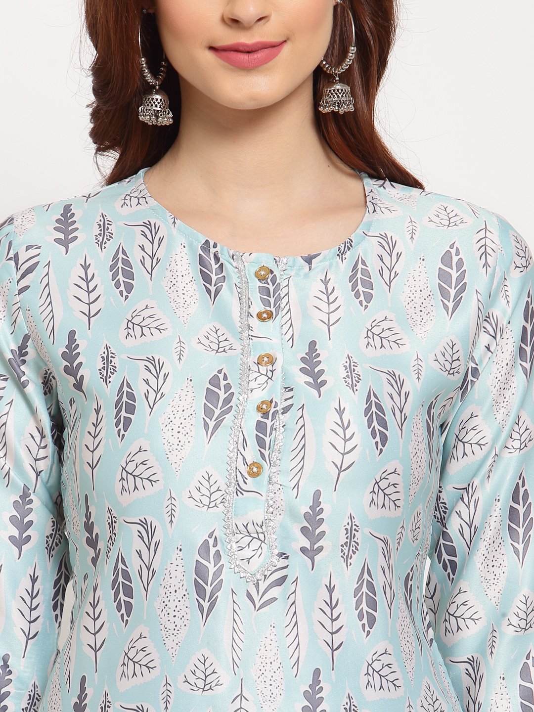 Women's Multi Printed Cotton Blend 3/4 Sleeve Round Neck Casual Kurta Palazzo Dupatta Set