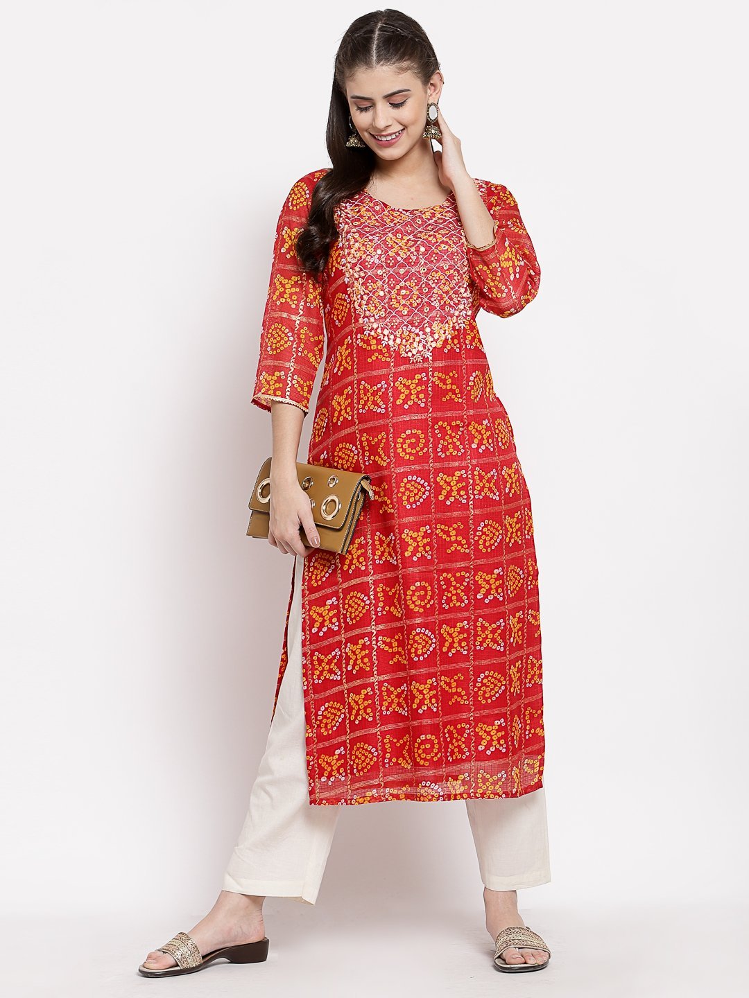 Women's Red Cotton Printed 3/4 Sleeve Square Neck Casual Kurta