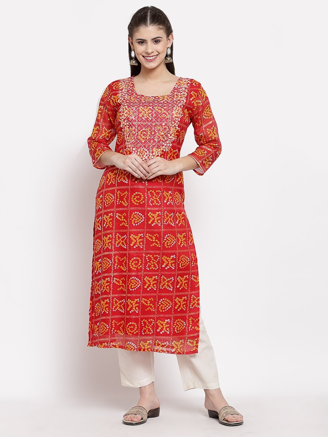 Women's Red Cotton Printed 3/4 Sleeve Square Neck Casual Kurta