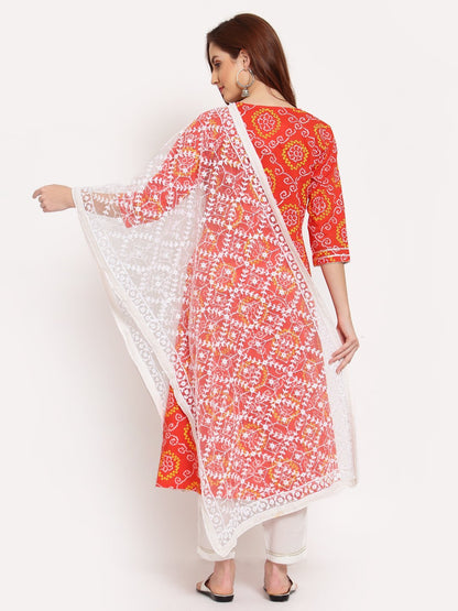 Women's Orange Printed Cotton 3/4 Sleeve Round Neck Casual Kurta Pant Dupatta Set