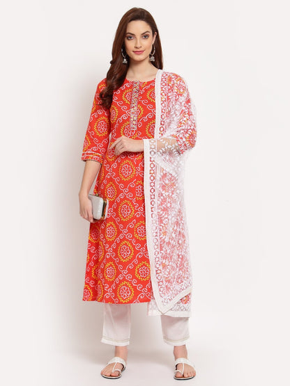 Women's Orange Printed Cotton 3/4 Sleeve Round Neck Casual Kurta Pant Dupatta Set