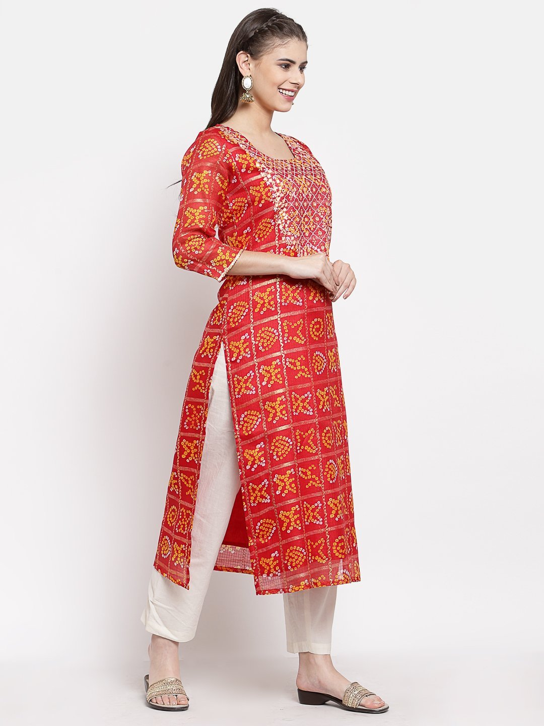 Women's Red Cotton Printed 3/4 Sleeve Square Neck Casual Kurta