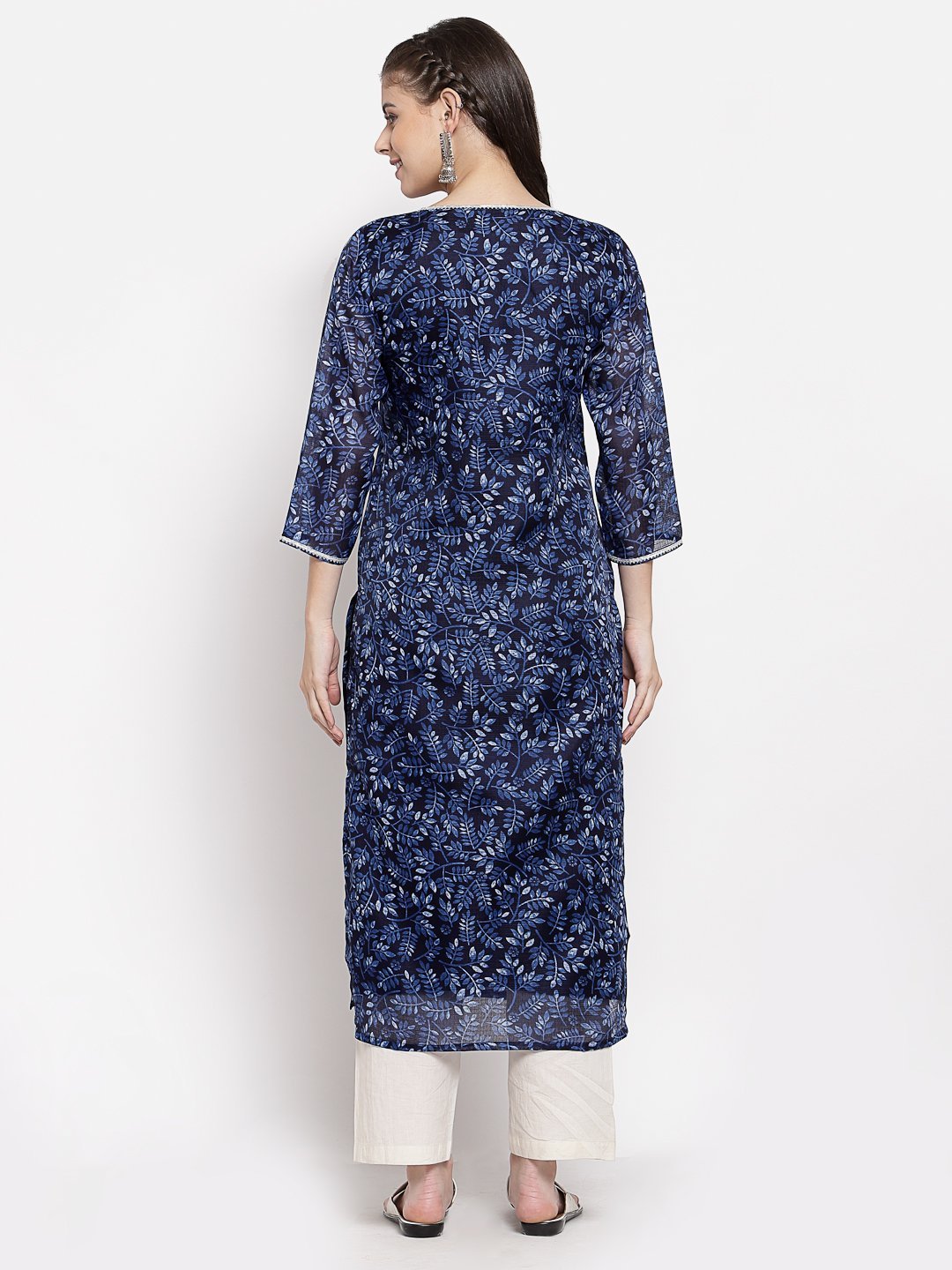 Women's Blue Cotton Printed 3/4 Sleeve Square Neck Casual Kurta