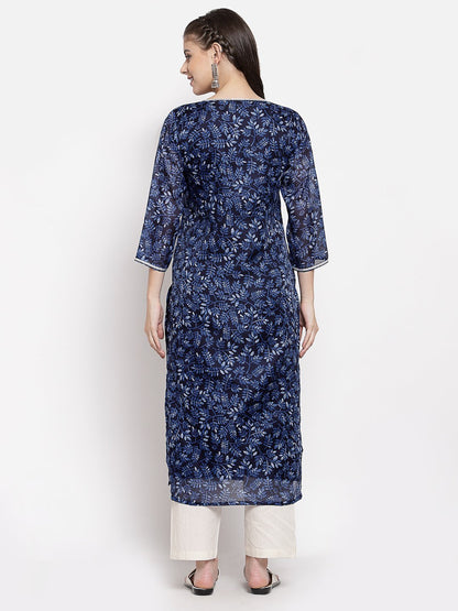 Women's Blue Cotton Printed 3/4 Sleeve Square Neck Casual Kurta