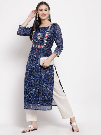Women's Blue Cotton Printed 3/4 Sleeve Square Neck Casual Kurta