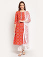 Women's Orange Printed Cotton 3/4 Sleeve Round Neck Casual Kurta Pant Dupatta Set
