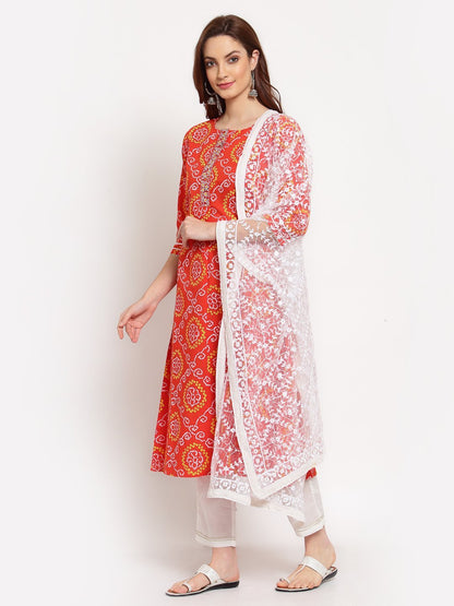 Women's Orange Printed Cotton 3/4 Sleeve Round Neck Casual Kurta Pant Dupatta Set