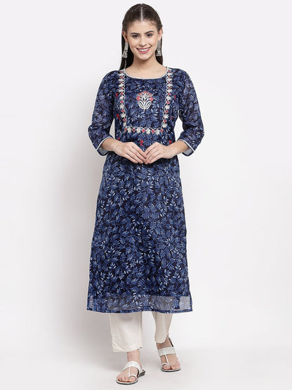 Women's Blue Cotton Printed 3/4 Sleeve Square Neck Casual Kurta