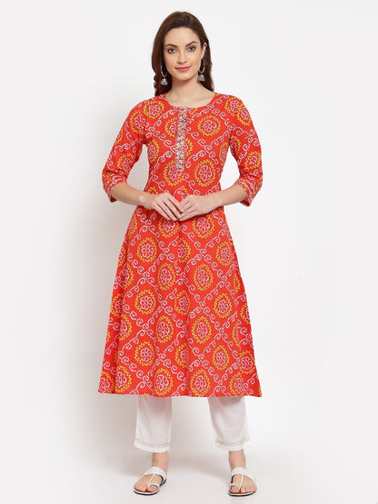 Women's Orange Printed Cotton 3/4 Sleeve Round Neck Casual Kurta Pant Dupatta Set