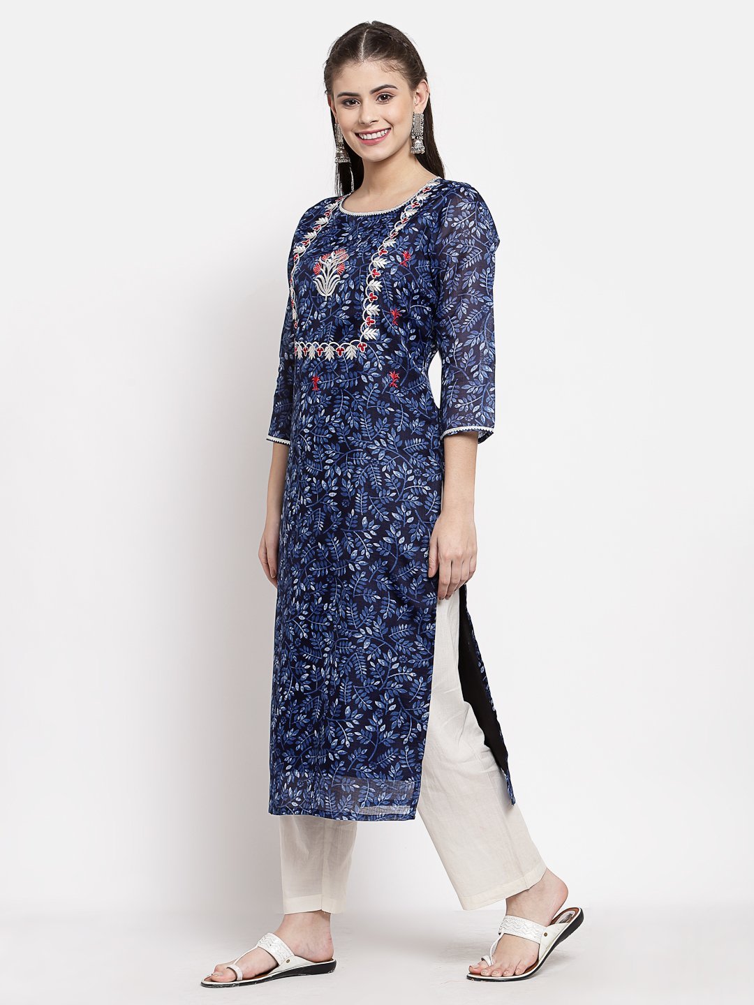 Women's Blue Cotton Printed 3/4 Sleeve Square Neck Casual Kurta