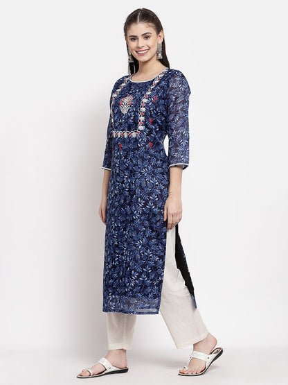 Women's Blue Cotton Printed 3/4 Sleeve Square Neck Casual Kurta