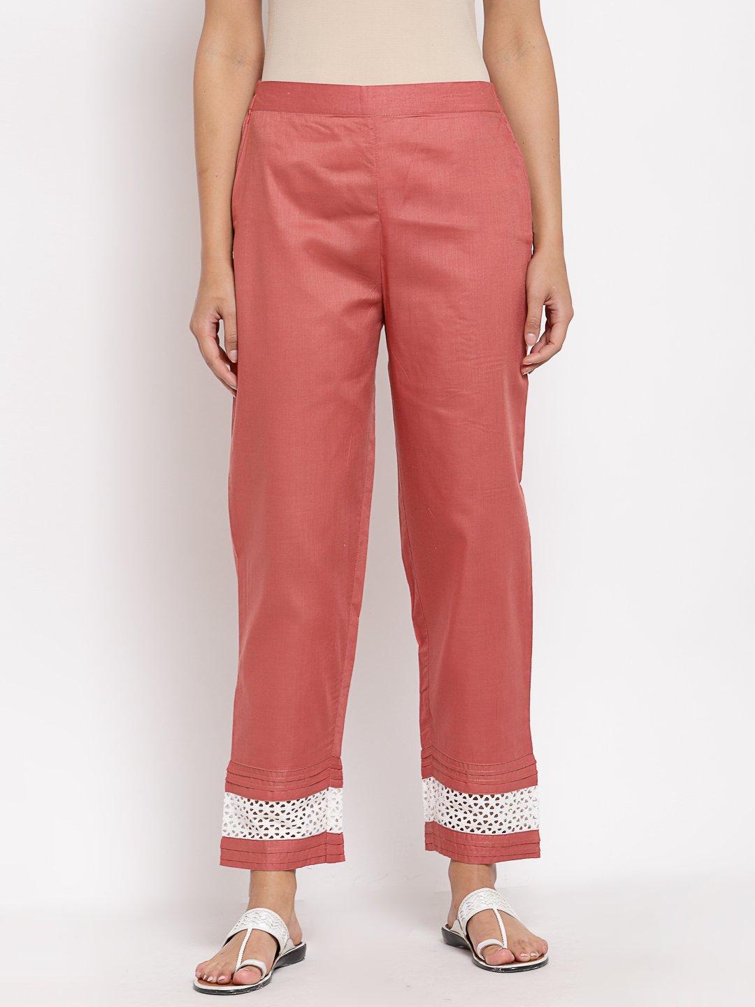 Women's Maroon Cotton Solid Casual Trouser