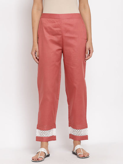 Women's Maroon Cotton Solid Casual Trouser