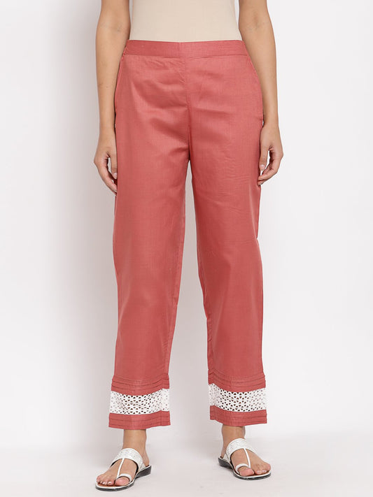 Women's Maroon Cotton Solid Casual Trouser