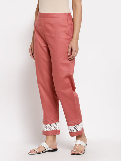 Women's Maroon Cotton Solid Casual Trouser