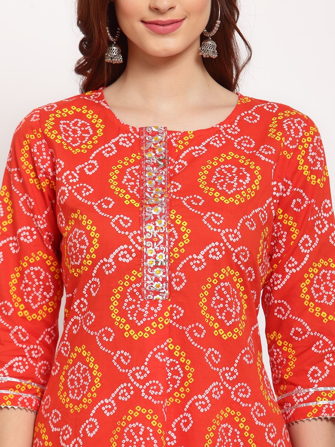 Women's Orange Printed Cotton 3/4 Sleeve Round Neck Casual Kurta Pant Dupatta Set