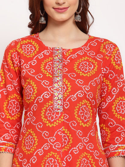 Women's Orange Printed Cotton 3/4 Sleeve Round Neck Casual Kurta Pant Dupatta Set