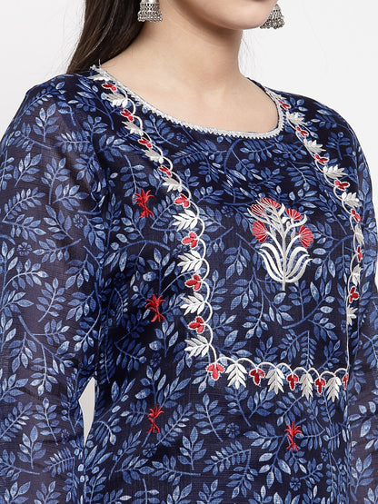 Women's Blue Cotton Printed 3/4 Sleeve Square Neck Casual Kurta