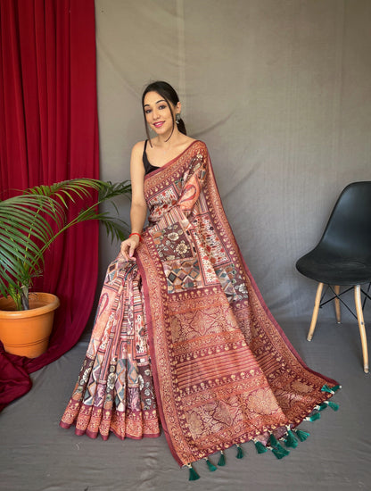 Women's Brown Ajrakh Carpet Silk Cotton Printed Saree