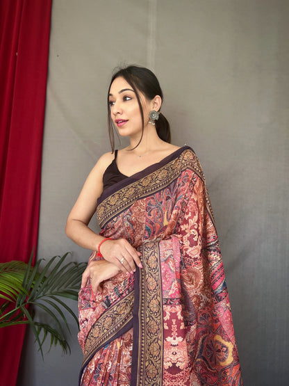 Women's Pink Brown Ajrakh Carpet Silk Cotton Printed Saree