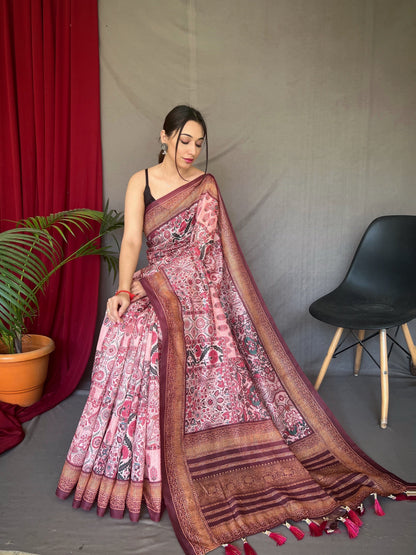 Women's Pink Brown Ajrakh Carpet Silk Cotton Printed Saree