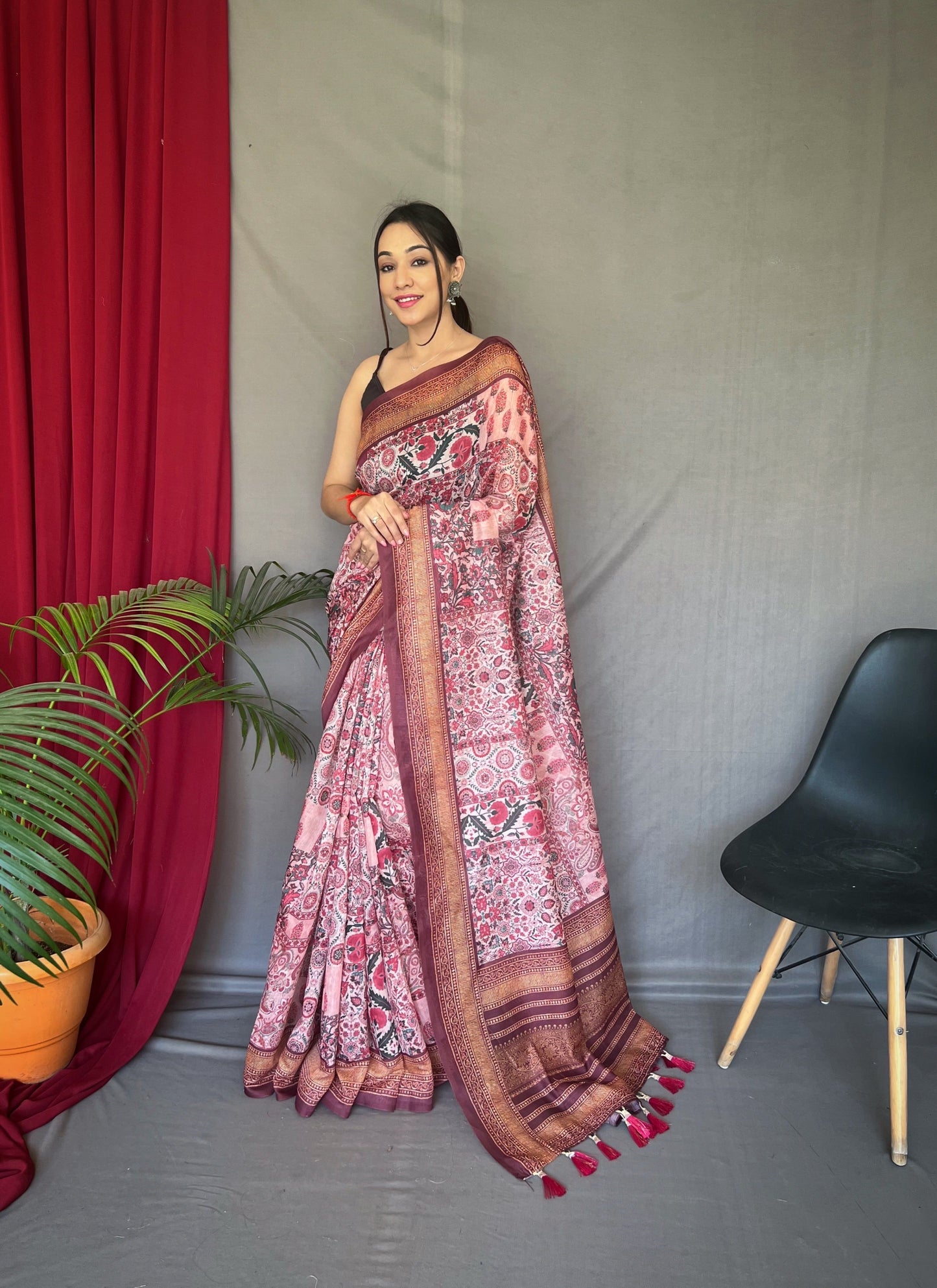 Women's Pink Brown Ajrakh Carpet Silk Cotton Printed Saree
