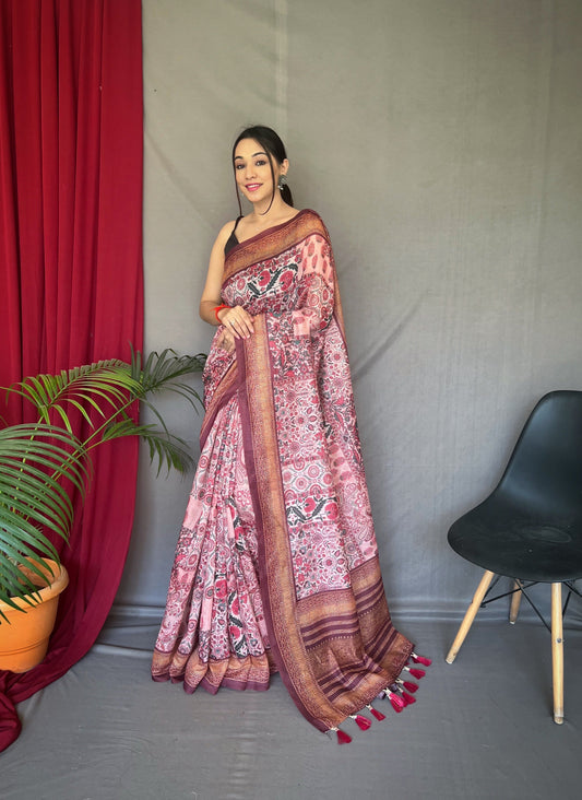 Women's Pink Brown Ajrakh Carpet Silk Cotton Printed Saree