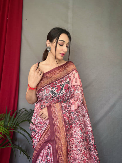 Women's Pink Brown Ajrakh Carpet Silk Cotton Printed Saree