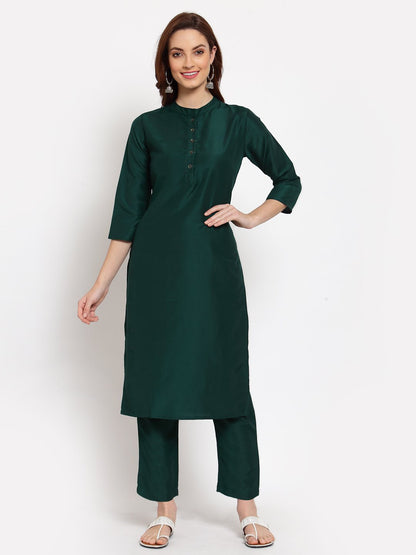 Women's Green Solid Cotton 3/4 Sleeve Mandarin Neck Casual Kurta Pant Dupatta Set