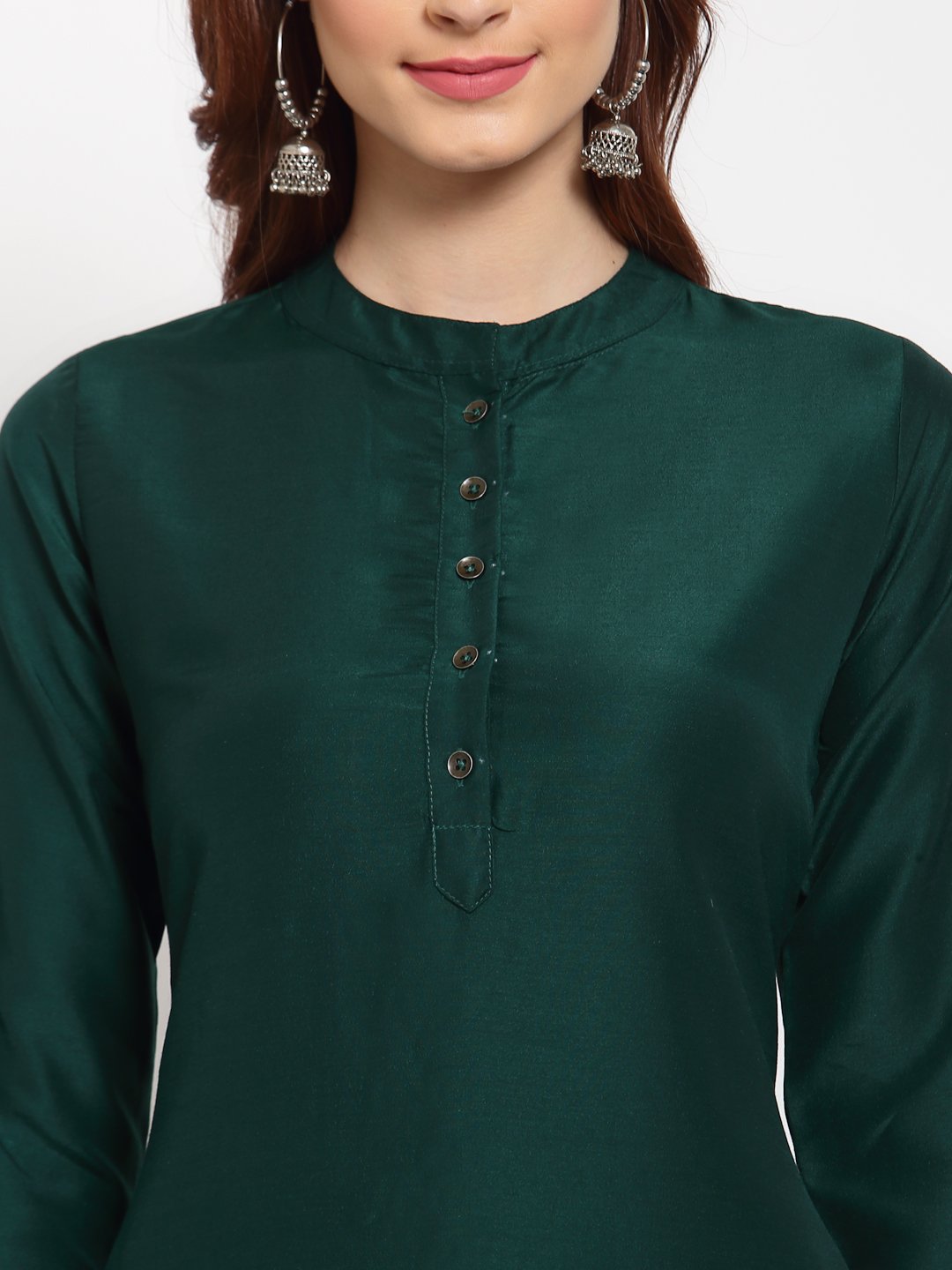 Women's Green Solid Cotton 3/4 Sleeve Mandarin Neck Casual Kurta Pant Dupatta Set