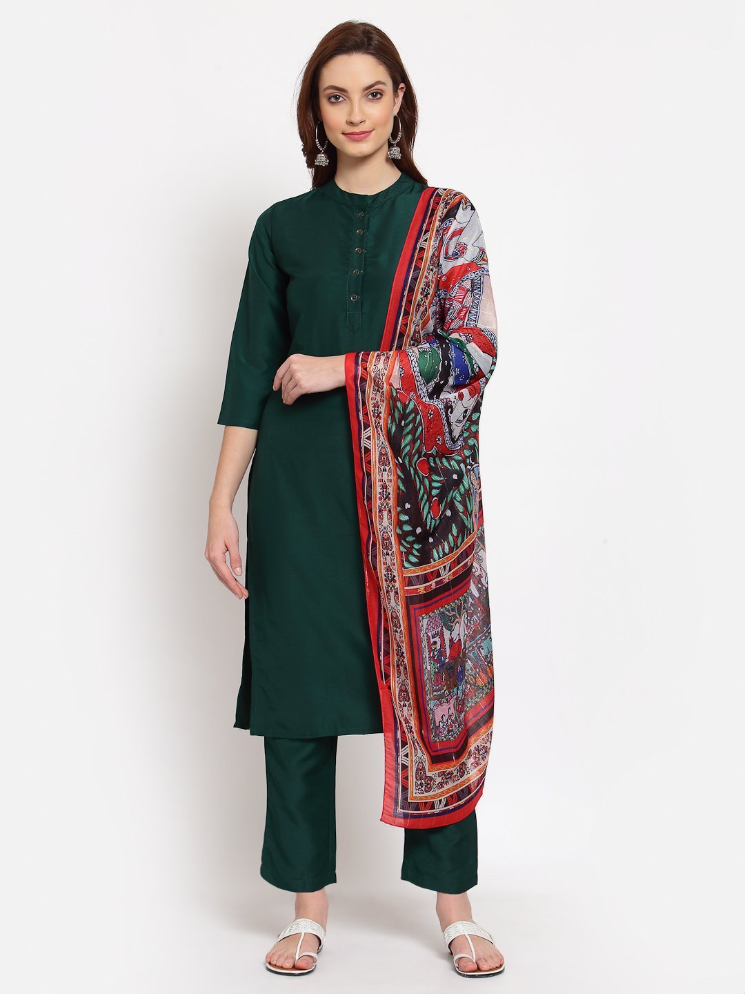 Women's Green Solid Cotton 3/4 Sleeve Mandarin Neck Casual Kurta Pant Dupatta Set