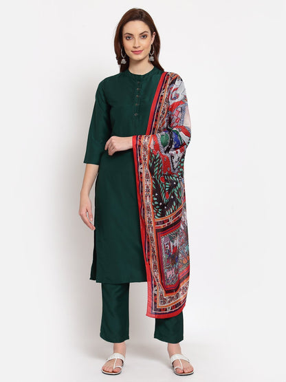 Women's Green Solid Cotton 3/4 Sleeve Mandarin Neck Casual Kurta Pant Dupatta Set