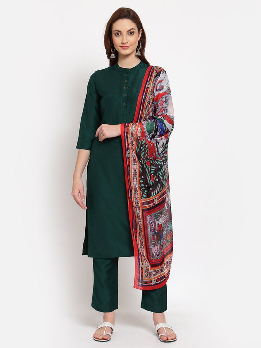 Women's Green Solid Cotton 3/4 Sleeve Mandarin Neck Casual Kurta Pant Dupatta Set
