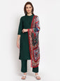 Women's Green Solid Cotton 3/4 Sleeve Mandarin Neck Casual Kurta Pant Dupatta Set