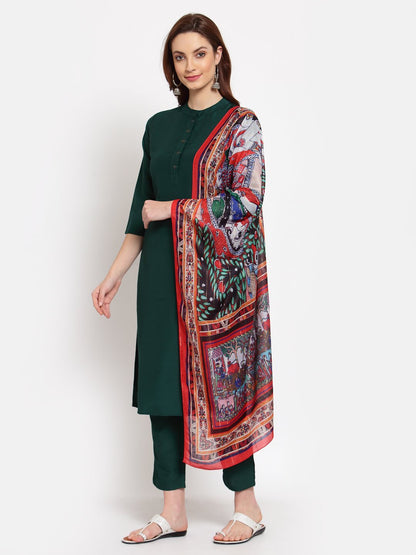 Women's Green Solid Cotton 3/4 Sleeve Mandarin Neck Casual Kurta Pant Dupatta Set