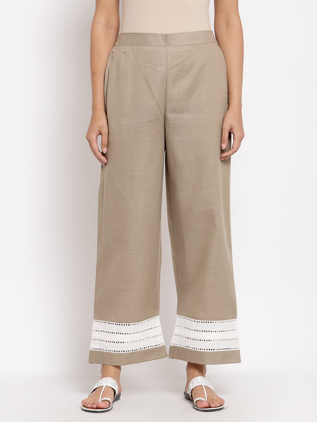 Women's Grey Cotton Solid Casual Trouser