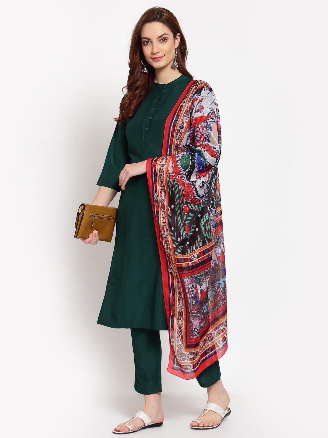 Women's Green Solid Cotton 3/4 Sleeve Mandarin Neck Casual Kurta Pant Dupatta Set