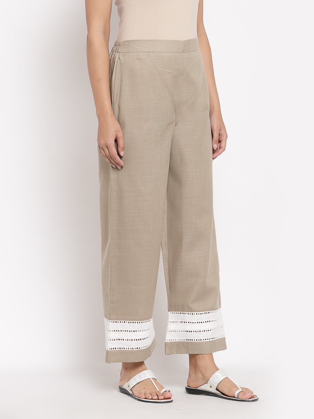 Women's Grey Cotton Solid Casual Trouser
