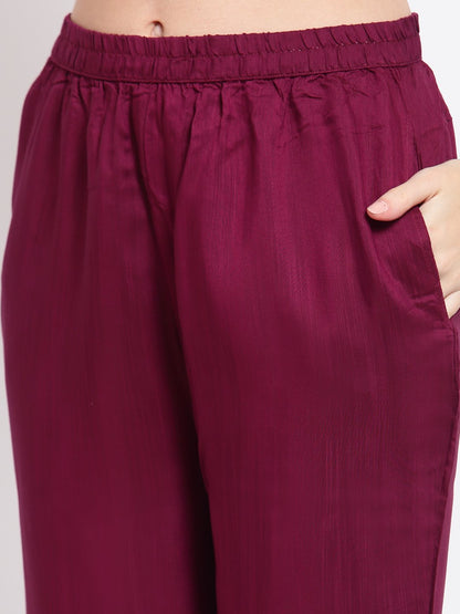 Women's Burgandy Solid Cotton Half Sleeve V Neck Casual Kurta Pant Dupatta Set