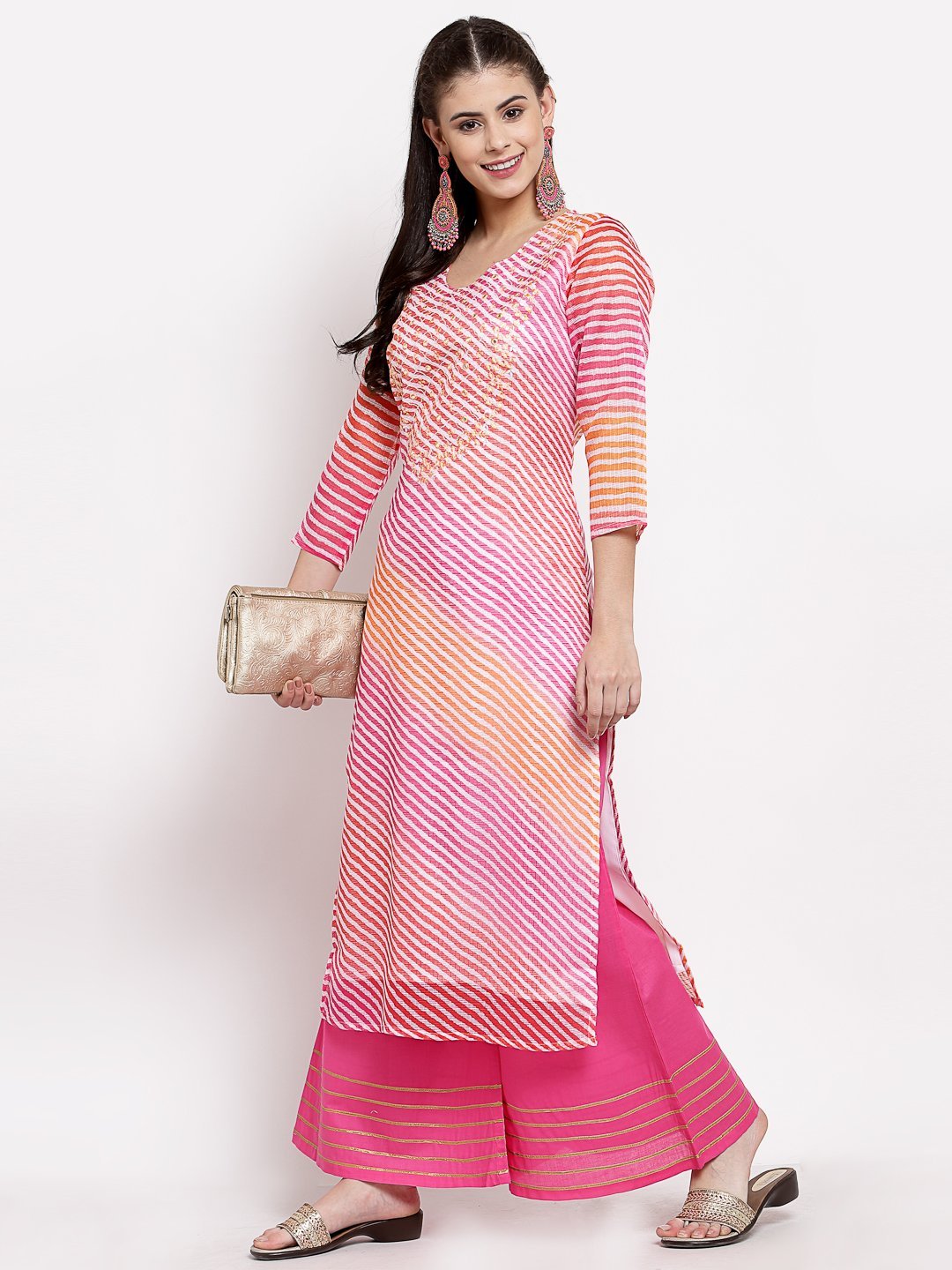 Women's Multi Cotton Printed 3/4 Sleeve Round Neck Casual Kurta